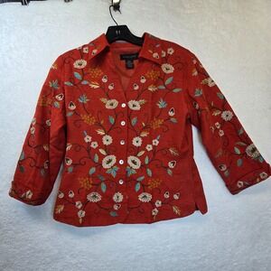 Silk Land Embroidered Floral Button Jacket Small Blazer Acorn Artsy‎ Art to Wear